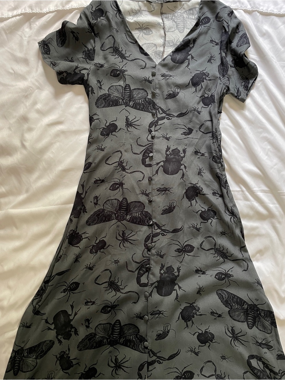 Disturbia Dark Gray Insect Print Button-Front Midi Dress Size US 2/ UK 6 NWT